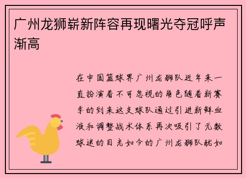 广州龙狮崭新阵容再现曙光夺冠呼声渐高